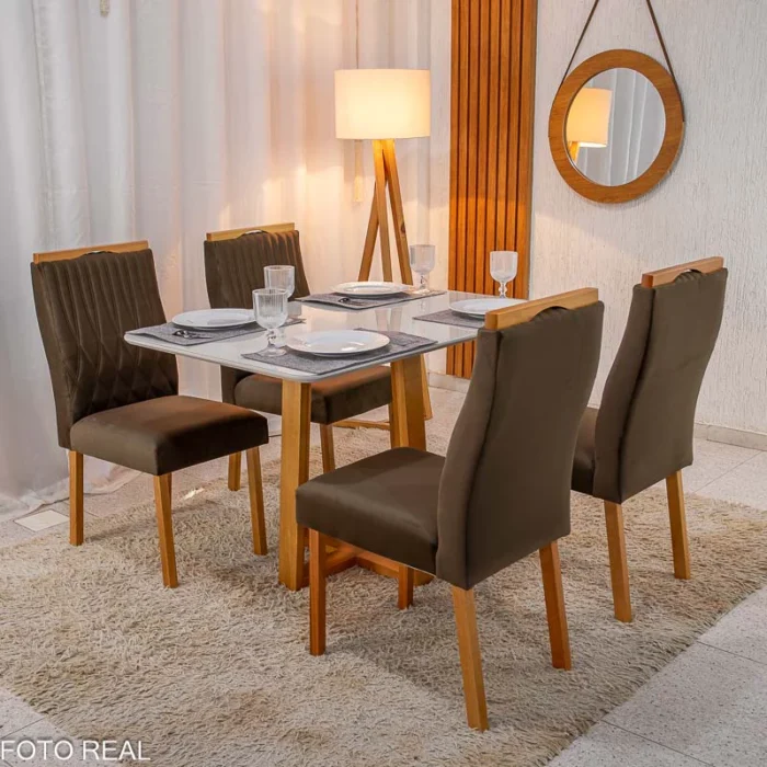 Mesa Pedro Mel Vidro OFF 120×80 4 Cadeiras Genova Veludo Marrom 509 Madeira Maciça Art Assento - Entregue Montada(rufer) - Imagem 2