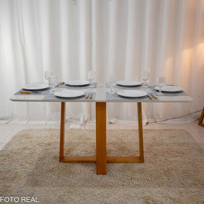 Mesa de Jantar Pedro Mel Vidro Off 160×80 6 Cadeiras Lisboa Veludo Bege 512 Madeira Maciça Art Assento - Entregue Montada(rufer) - Imagem 6