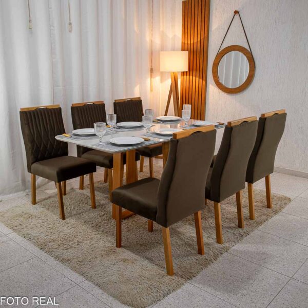 Mesa Pedro Mel Vidro OFF 160×80 6 Cadeiras Genova Veludo Marrom 509 Madeira Maciça Art Assento - Entregue Montada(rufer)