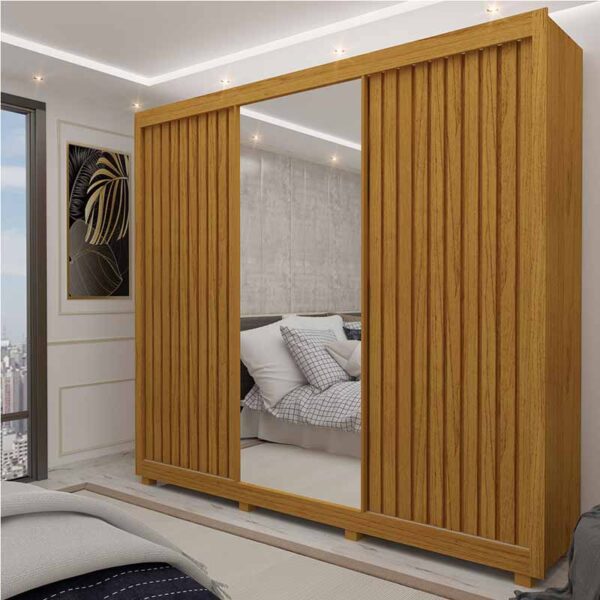 Roupeiro Casal Royale Naturale 3 Portas Ripado C/ 1 Espelho Larg. 2.28m - Gelius(rufer)