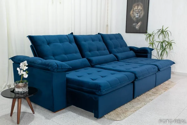 Sofá Retrátil Reclinável Emanuelly 3.20m Veludo Azul 03 - D28 Soft
