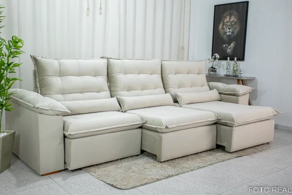 Sofá Retrátil Reclinável Emanuelly 3.20m Veludo bege 03 - D28 Soft -rufer