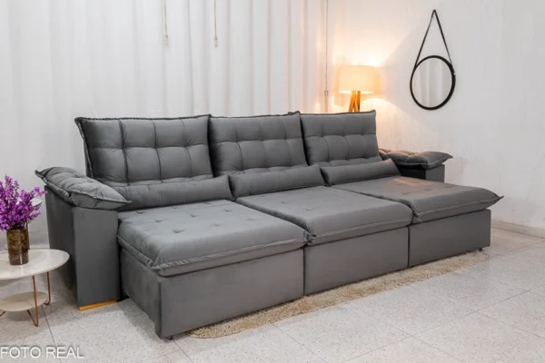 Sofá Retrátil Reclinável Emanuelly 3.20m Veludo cinza 03 - D28 Soft -rufer (cópia)
