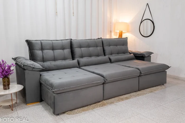 Sofá Retrátil Reclinável Emanuelly 3.20m Veludo cinza 03 - D28 Soft -rufer (cópia)