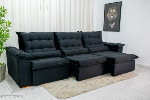 Sofá Retrátil Reclinável Emanuelly 3.20m Veludo preto 03 - D28 Soft -rufer