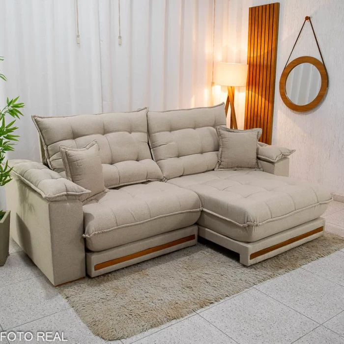 Sofá Retrátil Reclinável Barcelona 2.30m Linho Bege 459 C/ 2 Almofadas - D33 e Molas Ensacadas Pocket(rufer) - Imagem 5