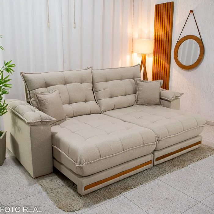 Sofá Retrátil Reclinável Barcelona 2.30m Linho Bege 459 C/ 2 Almofadas - D33 e Molas Ensacadas Pocket(rufer) - Imagem 6
