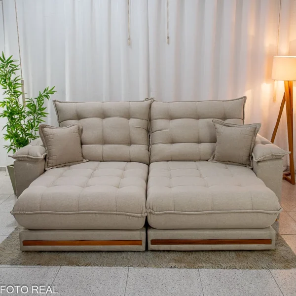 Sofá Retrátil Reclinável Barcelona 2.30m Linho Bege 459 C/ 2 Almofadas - D33 e Molas Ensacadas Pocket(rufer)