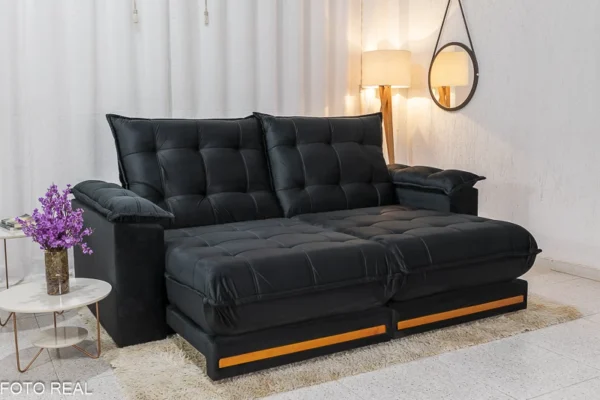 Sofá Retrátil Reclinável Barcelona 2.50m Veludo Preto 322 - D33 e Molas Ensacadas(rufer)