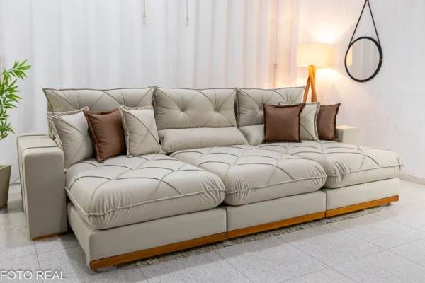 Sofá Retrátil Reclinável Gran Bello 3.20m Veludo Bege - D33 e Molas Ensacadas-rufer
