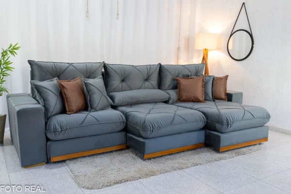Sofá Retrátil Reclinável Gran Bello 3.20m Veludo cinza- D33 e Molas Ensacadas-rufer