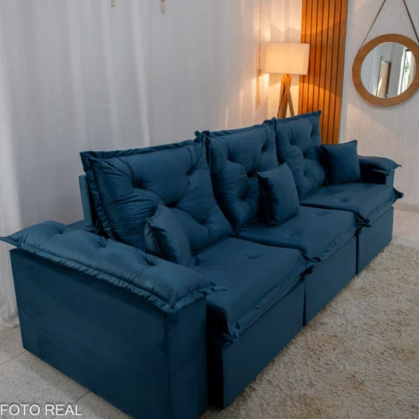 Sofá Retrátil Reclinável Porto Madri 2.70m Veludo Azul - D28 Pró Aditivada(rufer)