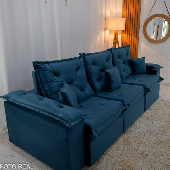 Sofá Retrátil Reclinável Porto Madri 2.70m Veludo Azul - D28 Pró Aditivada(rufer)