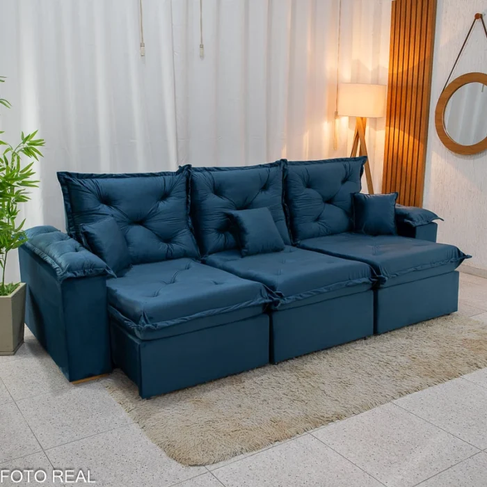 Sofá Retrátil Reclinável Porto Madri 2.70m Veludo Azul - D28 Pró Aditivada(rufer) - Imagem 7