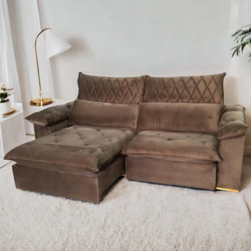 Sofá Retrátil e Reclinável Arezzo 2,50 m Veludo Marrom – ARJAN DECOR(total)