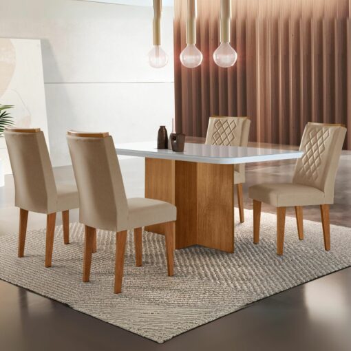 .Mesa Berlim 120 Canto Copo Imbuia/Off White com 4 Cadeiras Jade Linho – RUFATO(total).
