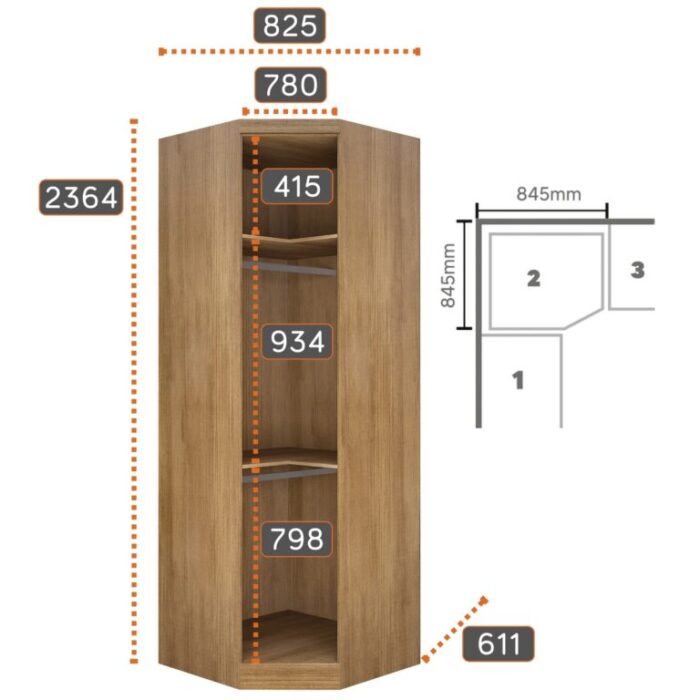 .Guarda-Roupa Modulado Rizon 001(Dois Módulos 4 Portas + Um Módulo Canto Oblíquo) Cumaru/Fendi – NOVO HORIZONTE(total). - Imagem 3