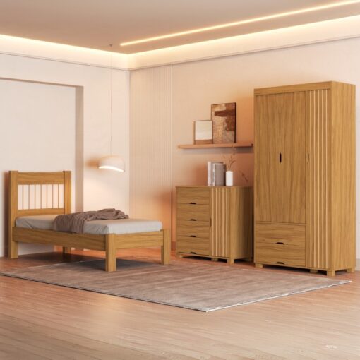Guarda-Roupa 3 Portas + Cômoda 4 Gavetas com Sapateira + Cama Solteiro Bela Nature – MADEC/VJ MÓVEIS (tt).