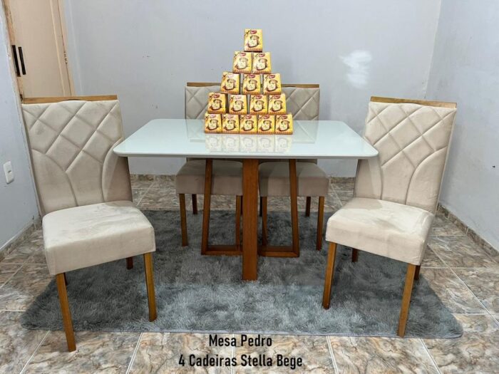 Mesa Pedro90x90 Mel/Off White 4 Cadeiras Stella Mel Naturale Azul(total-ruffer) - Imagem 2