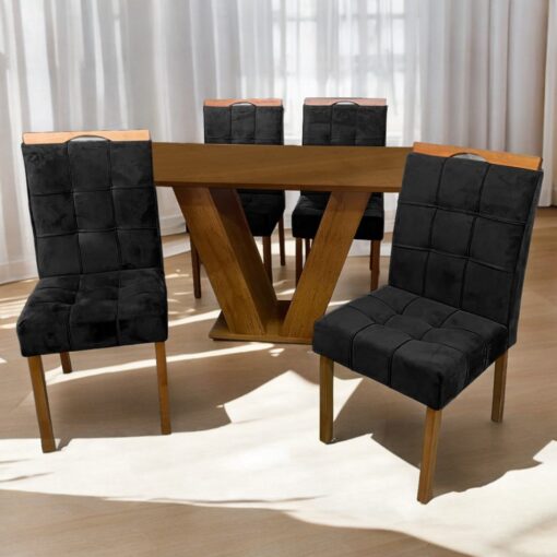 .Mesa Classic 120 Cinamomo Laminado com 4 Cadeiras Sophia Mel/Veludo  – CEL MÓVEIS + WM DECOR(total).