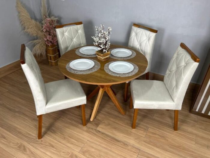 .Mesa de Jantar Simpatia 1.08×1.08 Circular Com 4 cadeiras Jasmim – Cinamomo/Bege(lord). - Imagem 5