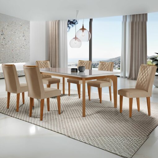.Mesa Londrina 180 Canto Copo Imbuia/Off White com 6 Cadeiras Jade Linho Grafite – RUFATO(total-premier).