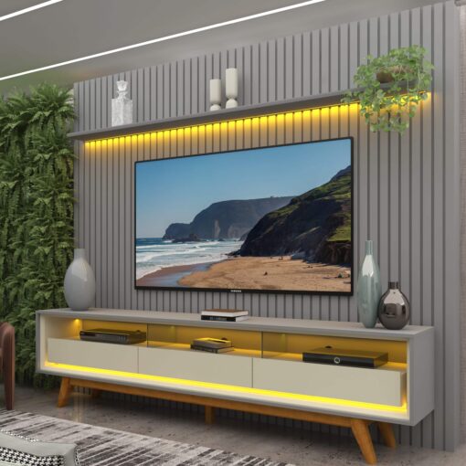 Painel até 85″ Nobre 230 Cinza + Rack Requinte 212 Cinza/Off White – GELIUS (tt)
