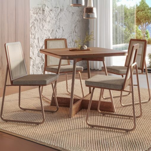 .Mesa Átria 1593 Quadrada 90 Rosê Cobre/Nogal Freijó com 4 Cadeiras Wood 1751 Rosê Cobre/Areia/Freijó – CARRARO (total).