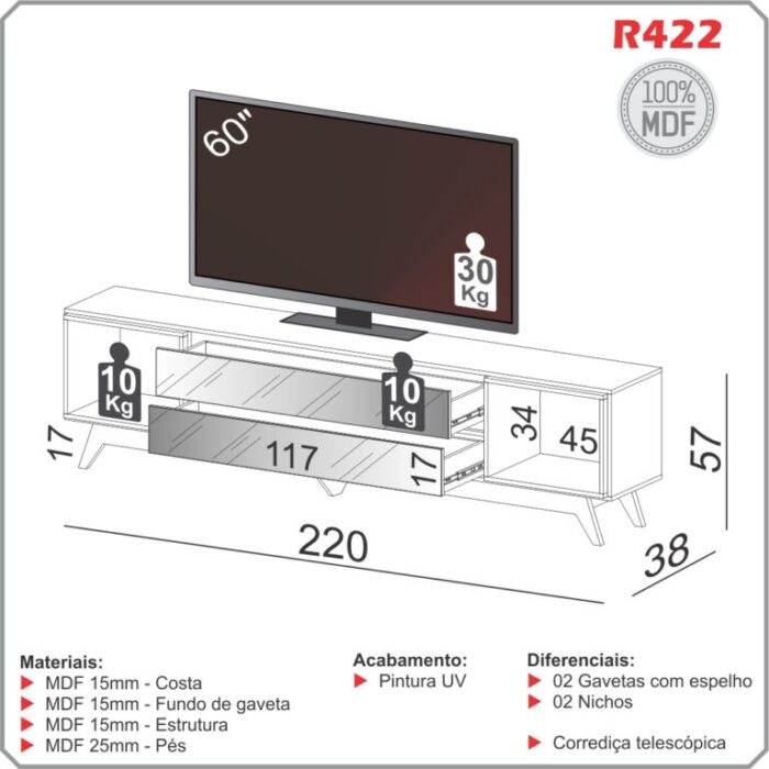 Rack até 60″ Anita R422 Off White/Freijó – DALLA COSTA (tt) - Imagem 2