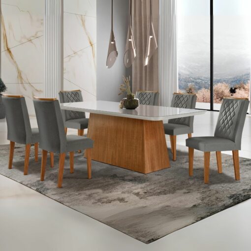 .Mesa Luna 180 Canto Copo  com 6 Cadeiras Jade Linho Grafite – RUFATO(total).