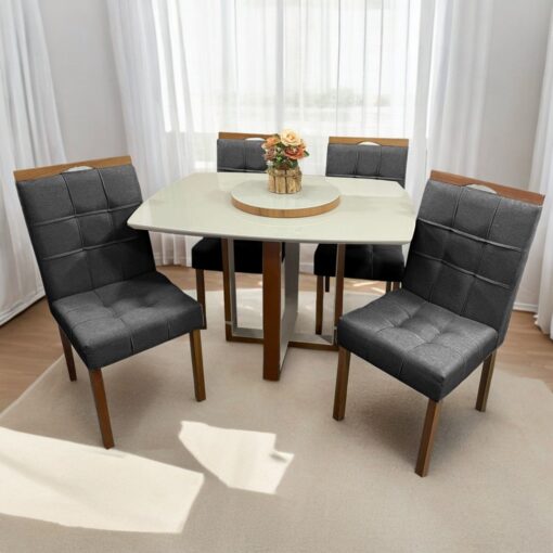 .Mesa Atlas Mel/Off White Canto Barril 120×90 com 4 Cadeiras Sophia Mel/Veludo  – ART ASSENTOS + WM DECOR(premier-total).