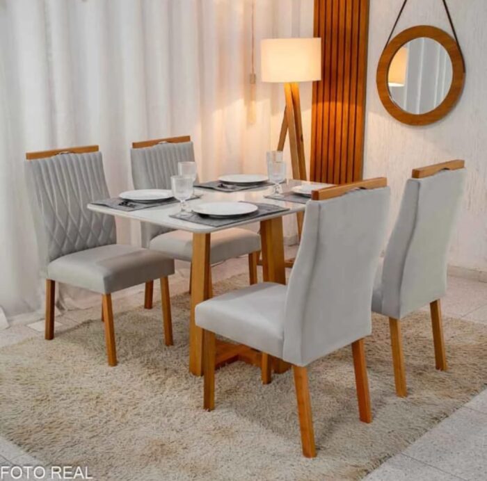 Mesa Pedro Mel Vidro OFF 120×80 4 Cadeiras Genova Veludo  Madeira Maciça Art Assento - Entregue Montada(ruffer-total).) - Imagem 6