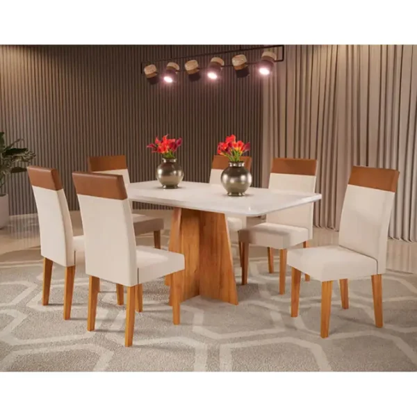 .Mesa de Jantar Viena 160x90cm com 6 Cadeiras Turim Tecido Linho Viero(premier).