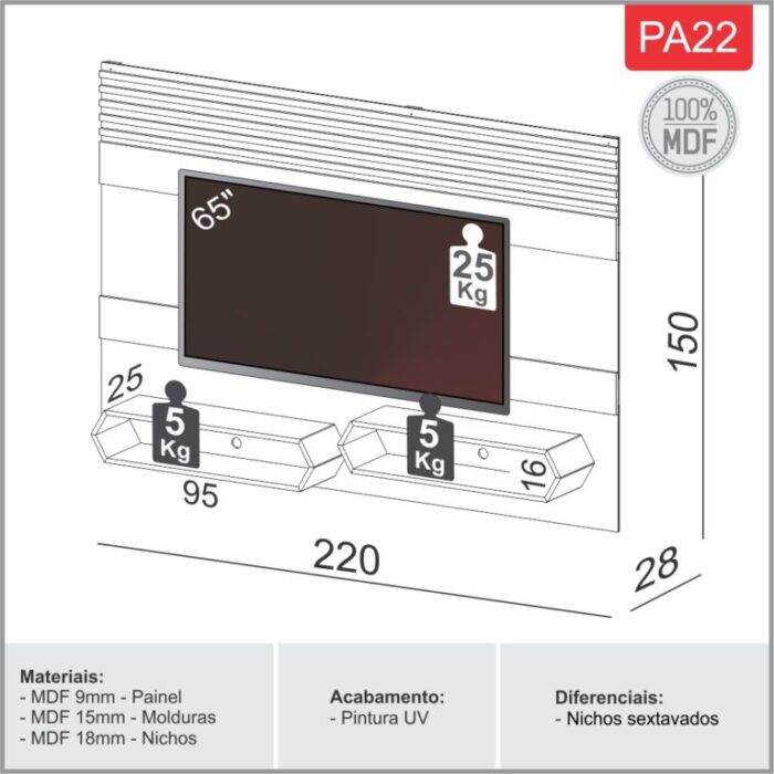 Painel até 65″ Mônica PA22 Off White/Freijó – DALLA COSTA (tt) - Imagem 2