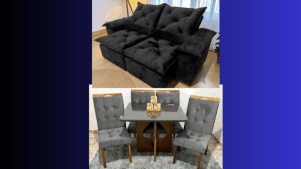 Sofá Retrátil e Reclinável Grécia 2,00 m -Mesa Madri 90×90 Cinamono/Preto com 4 Cadeiras Sophia/Capri Veludo-total