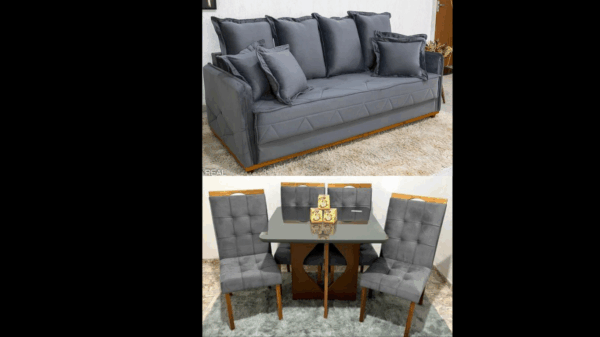 Sofá 3 lugares Vican Veludo  Larg. 2.00m - Molas Bonnel-Mesa Madri 90×90 com 4 Cadeiras Sophia/Capri Veludo-rt