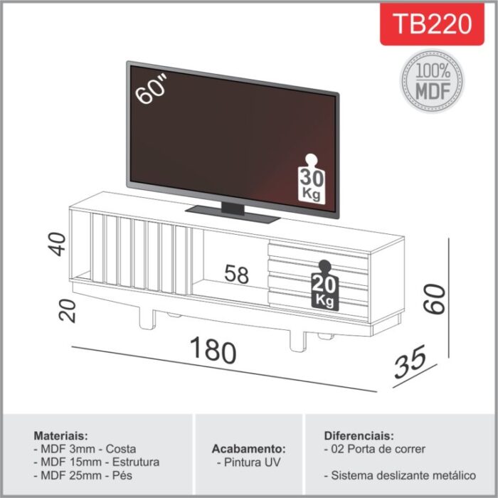Rack até 60″ Vintage TB220 Off White/Freijó – DALLA COSTA (tt) - Imagem 2