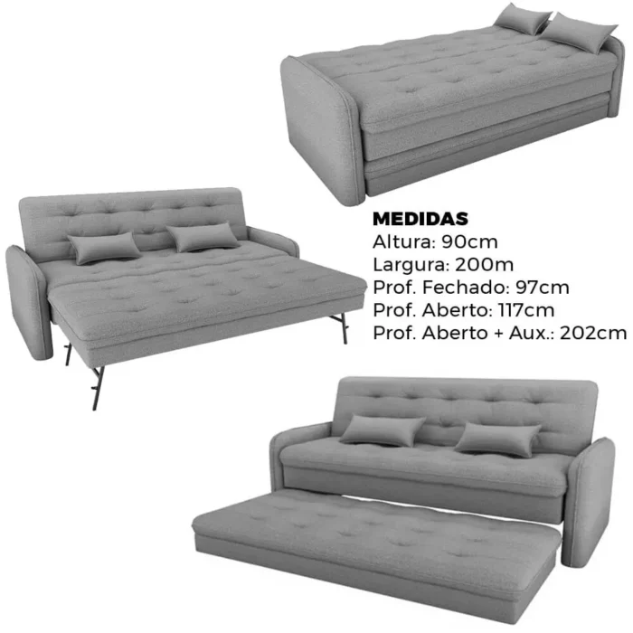 Sofá Cama Madalena Reclinável com Cama Auxiliar 3 Lugares Tecido Linho 200cm Matrix (rn-pr) - Imagem 6