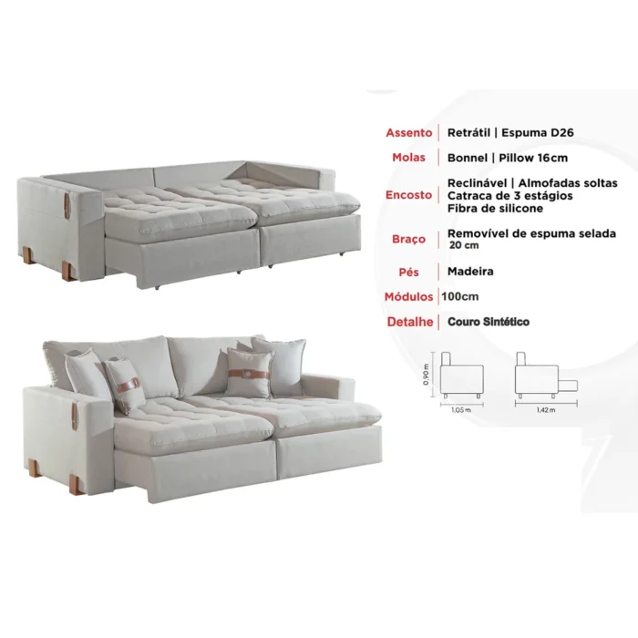 Sofá Cama Zeus 4 Lugares Retrátil e Reclinável 220cm Tecido Linho Innove (PR) - Imagem 2