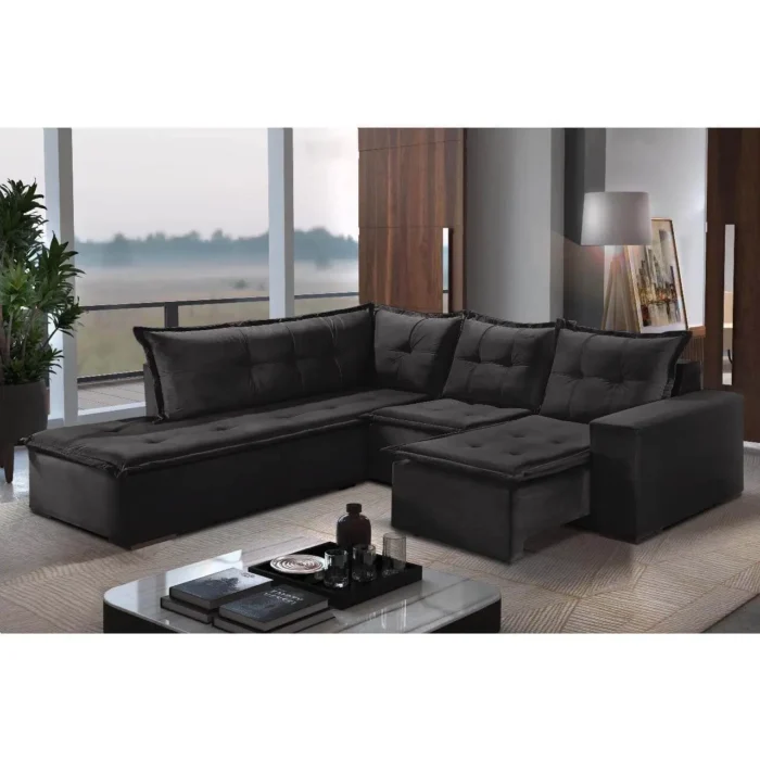 Sofá de Canto Denver 5 Lugares Retrátil Suede 197cm x 226cm (pr)