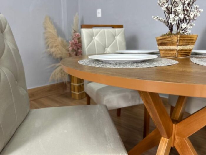 .Mesa de Jantar Simpatia 1.08×1.08 Circular Com 4 cadeiras Jasmim – Cinamomo/Bege(lord). - Imagem 6
