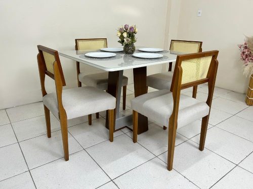 Mesa de Jantar Laís 1.15×0.94 com 4 Cadeiras Grécia – Cinamomo/Off White – (lord)