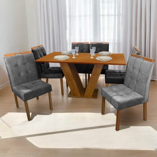 .Mesa Classic 160 Cinamomo Laminado com 6 Cadeiras Sophia Mel/Veludo Bege – CEL MÓVEIS + WM DECOR(total).
