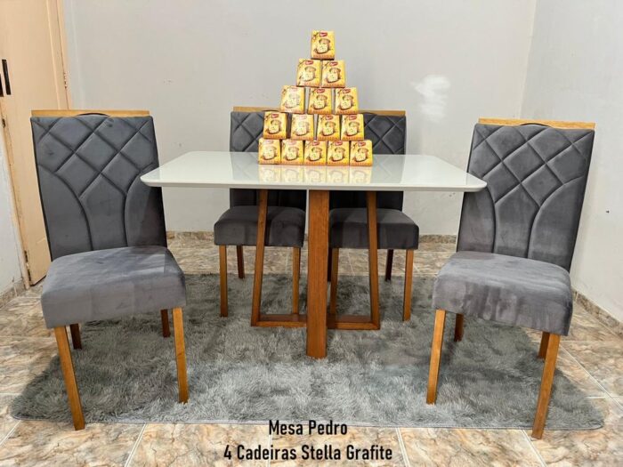 Mesa Pedro90x90 Mel/Off White 4 Cadeiras Stella Mel Naturale Azul(total-ruffer)