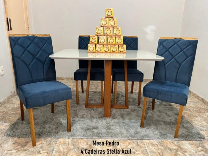 Mesa Pedro90x90 Mel/Off White 4 Cadeiras Stella Mel Naturale Azul(total-ruffer) - Imagem 4