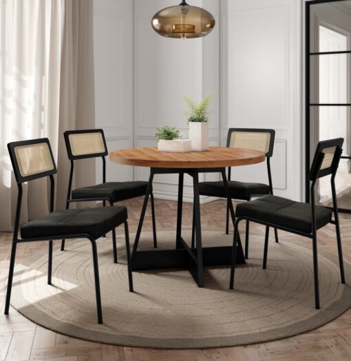 .Mesa Átria 1594 Redonda 100 Preto/Nogal com 4 Cadeiras Lux 1741 Preto/Linho Grafite/Corino Preto – CARRARO MÓVEIS (total).