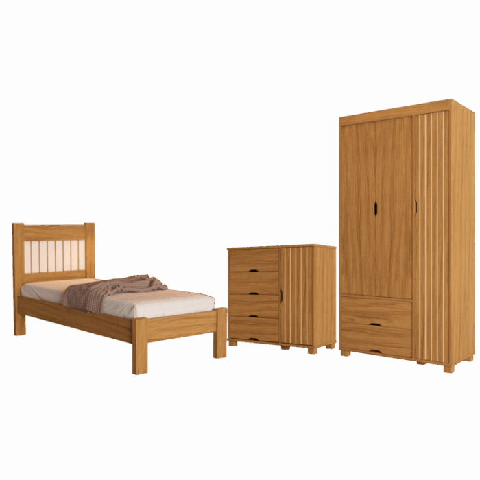 Guarda-Roupa 3 Portas + Cômoda 4 Gavetas com Sapateira + Cama Solteiro Bela Nature – MADEC/VJ MÓVEIS (tt). - Imagem 5