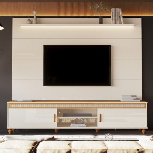 Painel até 75″ Bliss + Rack Comodoro 2.18 Off White/Cedro – EDN MÓVEIS (tt)