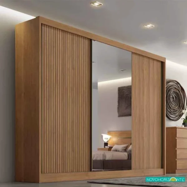 Roupeiro Sollo Plus Ripado 3D Cumaru 3 Pts 6 Gav. C/1Espelho 100% MDF Larg. 2.73m Novo Horizonte (rf)