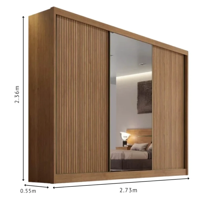 Roupeiro Sollo Plus Ripado 3D Cumaru 3 Pts 6 Gav. C/1Espelho 100% MDF Larg. 2.73m Novo Horizonte (rf) - Imagem 3